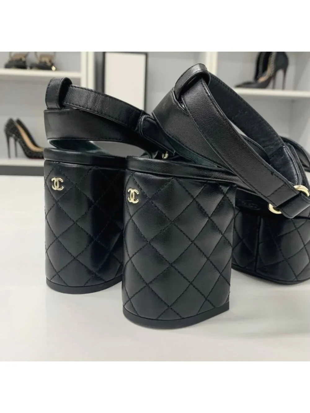 Chanel CC Logo Leather Quilted Strap Sandals Black